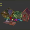 Multiple Medieval Wooden Houses With Blue Roofs Stone Walls And Material Samples