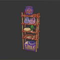 Rustic Bamboo Shelf Displaying Pottery Jar Woven Baskets And Handmade Mats 3d model