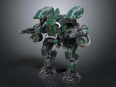 Green Battle Mecha Robot With Heavy Armor Multiple Weapons And Mechanical Structure 3d model