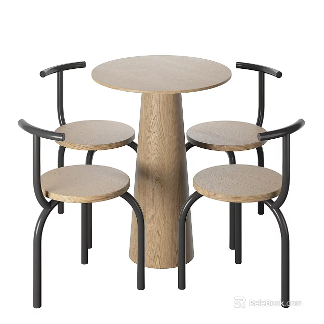 Modern Round Wooden Table with Four Black Metal Frame Chairs Set 3d model