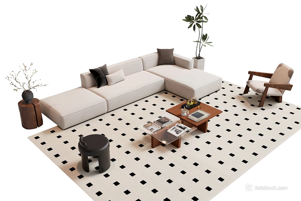 Beige L Shaped Sofa And Coffee Table Set With Throw Pillows Magazines On Checkered Rug 3d model
