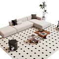 Beige L Shaped Sofa And Coffee Table Set With Throw Pillows Magazines On Checkered Rug 3d model