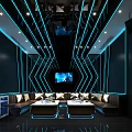 Modern KTV Interior Design With Blue Neon Lights Sofas Tables And TV Screen