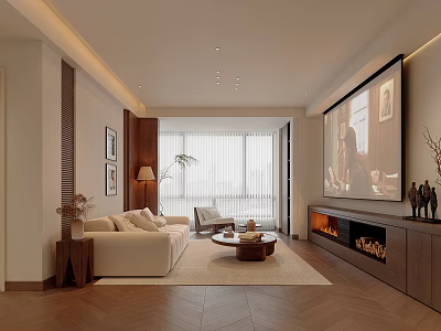 Contemporary Living Dining Room With Large TV Fireplace And Comfortable Sofa Set 3d model