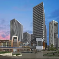 Modern Commercial Street With High Rise Buildings Pedestrian Square Crowded People And Evening Lights