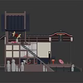 Cartoon Scene of Traditional Japanese Architecture with Classic Roof Stairs Lanterns and Interior Decorative Furniture