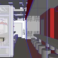 Modern Chinese Restaurant Interior With Red Walls Exposed Pipes White Tiled Bar And Round Stools