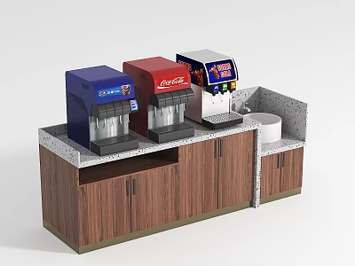 Commercial Beverage Dispensers Equipment With Blue Red Silver Machines And Wooden Cabinet Counter 3d model