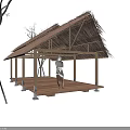 Traditional Landscape Pavilion With Thatched Roof Wooden Floor And Surrounding Trees