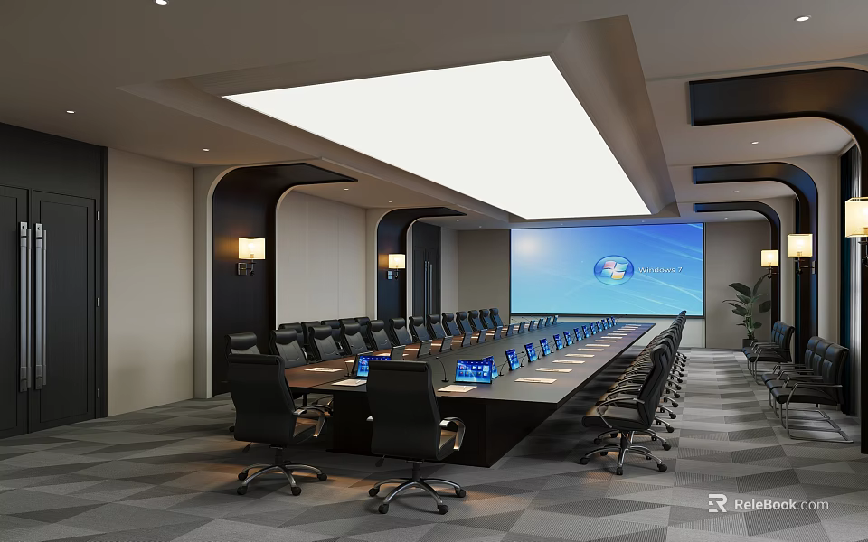 Modern Conference Room Interior With Long Meeting Table Black Office Chairs And Large Projection Screen 3d model 