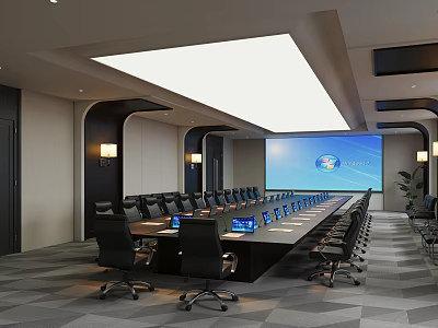 Modern Conference Room Interior With Long Meeting Table Black Office Chairs And Large Projection Screen 3d model