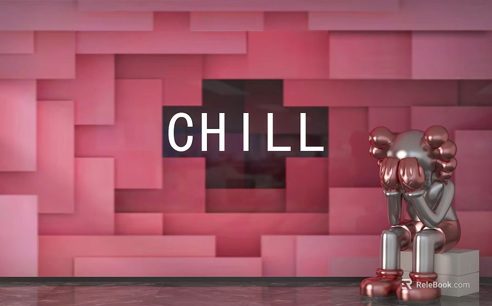 Pink Block Pattern Background Wall Featuring CHILL Text And Silver Decorative Doll With Red Shoes 3d model 