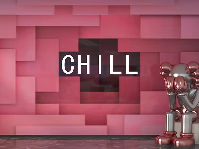 Pink Block Pattern Background Wall Featuring CHILL Text And Silver Decorative Doll With Red Shoes 3d model