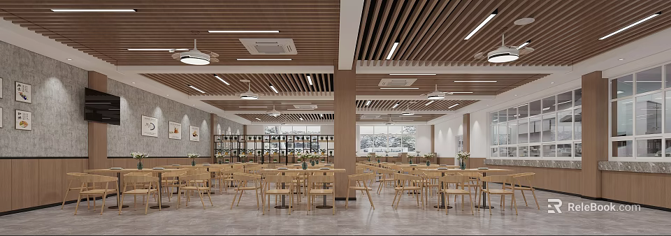 Modern Dining Hall Interior Design With Wooden Ceiling And Chairs 3d model