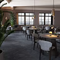 Restaurant Interior With Round Tables Gray Chairs Pendant Lights And City View Windows