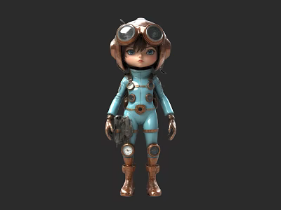 Cute 3D Game Movie Character in Blue Jumpsuit with Aviator Goggles and Mechanical Details 3d model