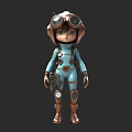 Cute 3D Game Movie Character in Blue Jumpsuit with Aviator Goggles and Mechanical Details