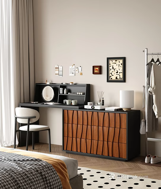 Stylish Black Wooden Dresser With Mirror Storage Chair Table Lamp And Decorative Paintings 3d model 
