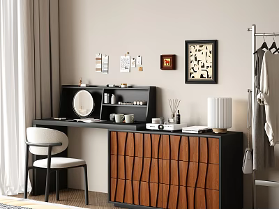 Stylish Black Wooden Dresser With Mirror Storage Chair Table Lamp And Decorative Paintings 3d model