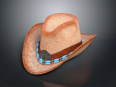 Classic Brown Straw Hat Featuring Leather Band Blue Beads And Round Badge 3d model