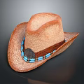 Classic Brown Straw Hat Featuring Leather Band Blue Beads And Round Badge