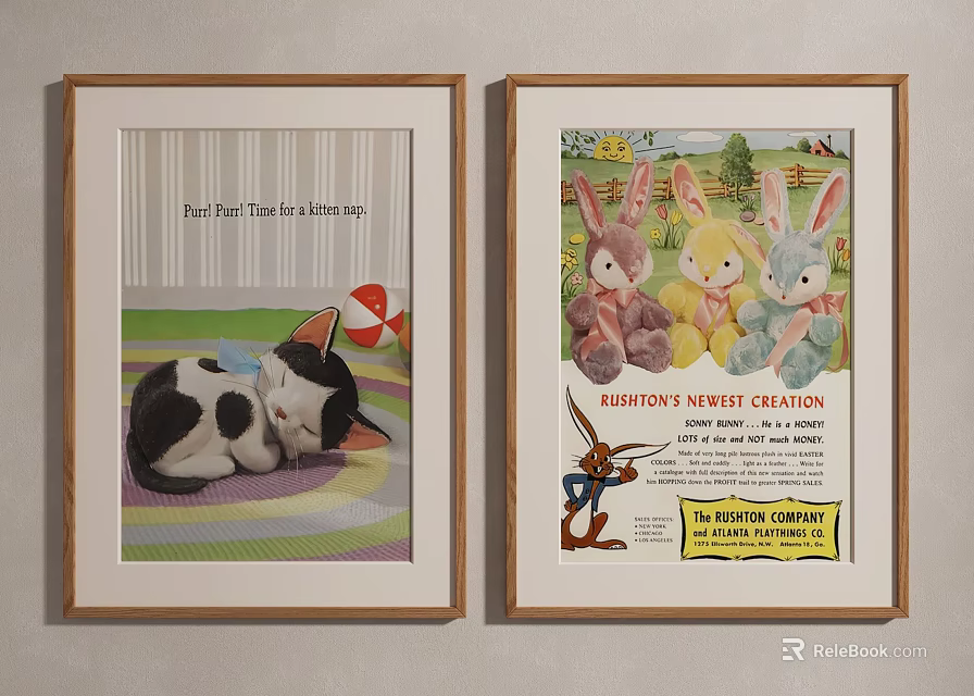Framed Vintage Posters With Kitten On Colorful Blanket And Rabbit Dolls Featuring Bird 3d model 