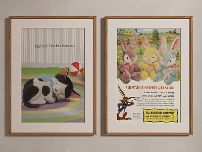Framed Vintage Posters With Kitten On Colorful Blanket And Rabbit Dolls Featuring Bird 3d model