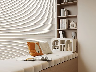 Cozy Reading Corner With Window Blinds Bookshelf Pillows And Decorative Items 3d model