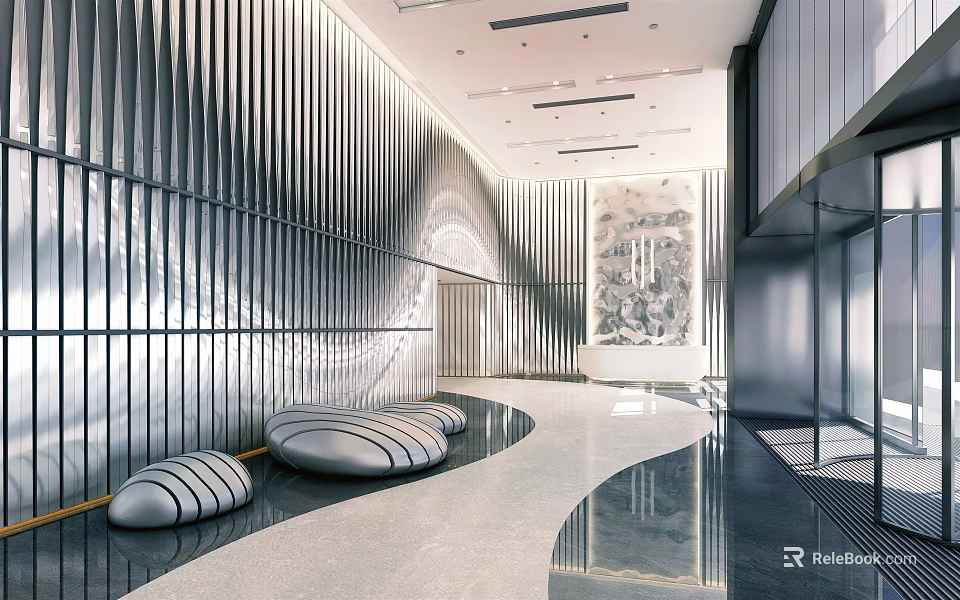 Luxurious Modern Reception Area with Metallic Walls Curved Seating Art Painting Polished Marble Floor 3d model 