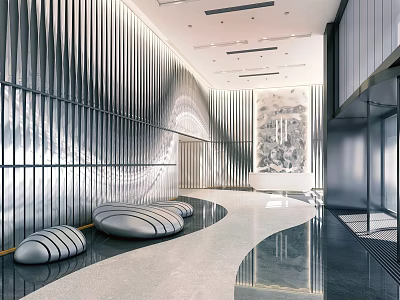 Luxurious Modern Reception Area with Metallic Walls Curved Seating Art Painting Polished Marble Floor 3d model