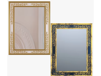 Antique Decorative Mirrors With Gold Carved And Navy Blue Ornate Frames For Interior Design 3d model