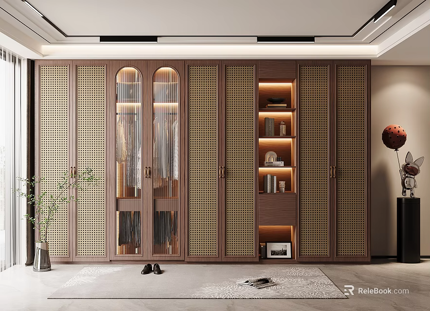Contemporary Wooden Wardrobe with Lattice Panels Glass Doors Hanging Clothes and Built in Lighting 3d model 
