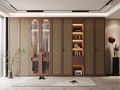 Contemporary Wooden Wardrobe with Lattice Panels Glass Doors Hanging Clothes and Built in Lighting 3d model