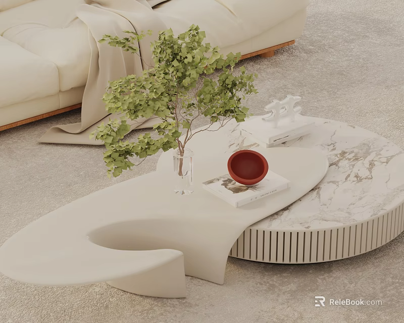 Modern Sofa and Coffee Table Set with Marble Top Green Plant and Decorative Sculpture 3d model 