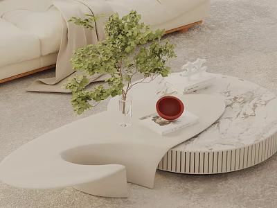 Modern Sofa and Coffee Table Set with Marble Top Green Plant and Decorative Sculpture 3d model