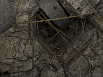 Deep Pit Structure With Rough Stone Walls Wooden Frames And Hanging Ropes 3d model