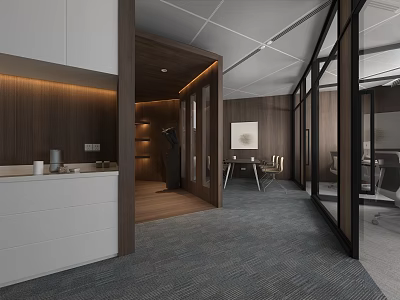 Modern Office Corridor With Wooden Walls Glass Partitions And Soft Ambient Lighting 3d model
