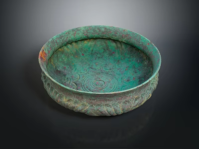 Vintage Bronze Furniture Decorative Round Bowl Featuring Green Patina And Ornate Carvings 3d model