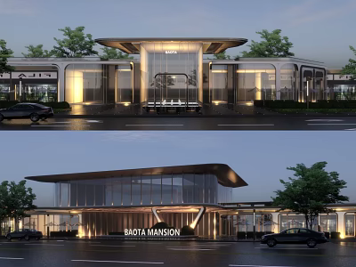 Modern Baota Mansion Main Entrance Gate With Illuminated Design And Landscaping 3d model