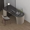 Modern Home Office Desk With Sleek Surface Accent Chair Table Lamp And Green Plant