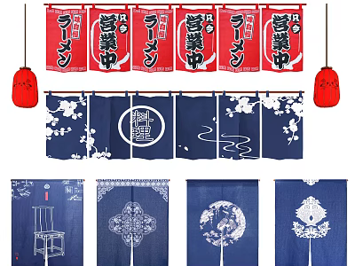 Traditional Kitchen Curtains With Blue Red Patterns Plum Blossoms Dragon Designs And Red Lantern Decor 3d model