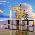 Traditional Themed Photo Spot with Round Decorative Frame Bamboo Fan and Sunset Sea View