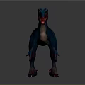 Blue Velociraptor Dinosaur With Open Mouth And Sharp Claws Standing On Gray Background