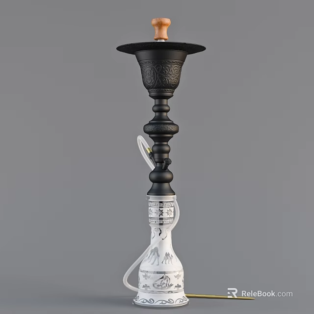 Elegant Decorative Ornament Set With Black Carved Hookah And White Patterned Design 3d model