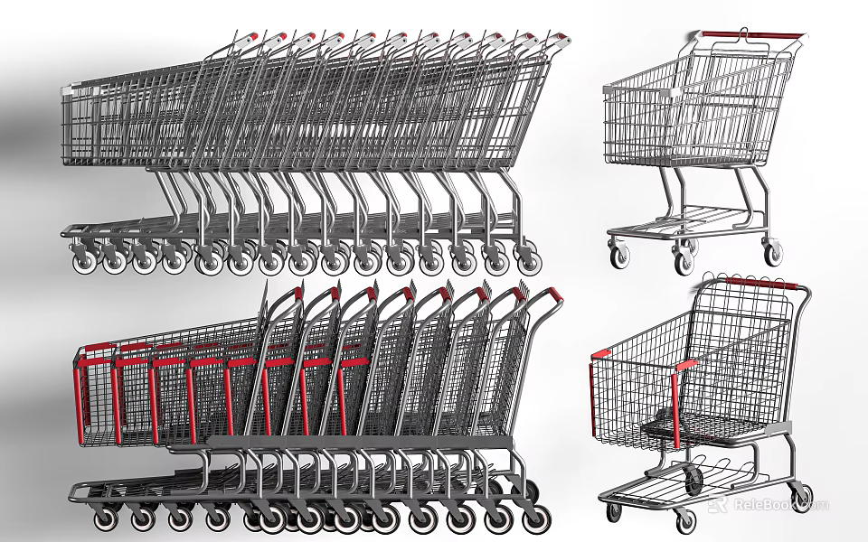Multiple Metal Shopping Carts In Red And Black With Different Angles 3d model