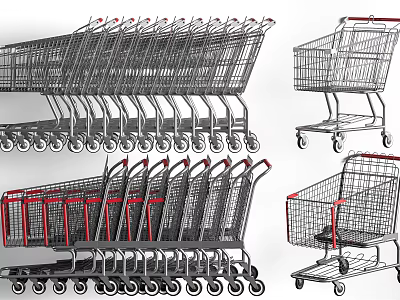 Multiple Metal Shopping Carts In Red And Black With Different Angles 3d model