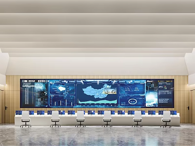 Modern Monitoring Room With Large Screens Data Displays Control Console And Chairs 3d model