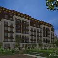 Modern Mid Rise Residential Building With Balconies Landscaped Garden Courtyard And Evening Lighting