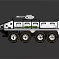 Modern Military Vehicle With Six Wheel Drive Roof Mounted Equipment And Green Stripes