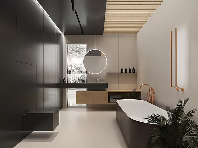 Elegant Modern Black and White Bathroom Interior with Bathtub Round Mirror Wooden Ceiling Vanity and Plants 3d model